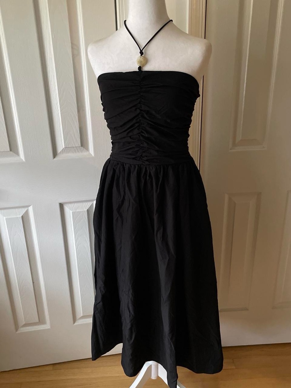 Black Strapless Ruched Bodice summer Midi Dress